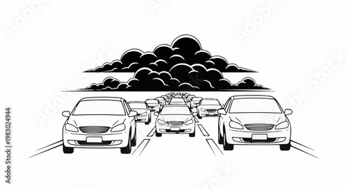 A line of cars on a road under a dramatic sky