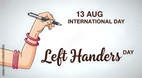 Left handers day celebration graphic with hand writing and date writing instrument greeting