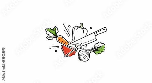 A minimalist icon shows vegetables being prepared with a chef's knife