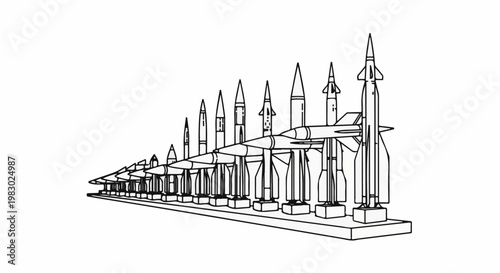 A line of rockets on display, varying in size, from small to large