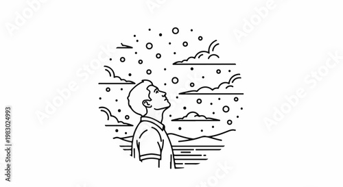 Minimalist line art of a man looking up at the sky filled with clouds and dots