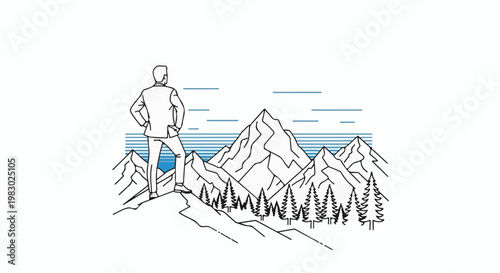 A person in a suit looks out over a mountain range with trees