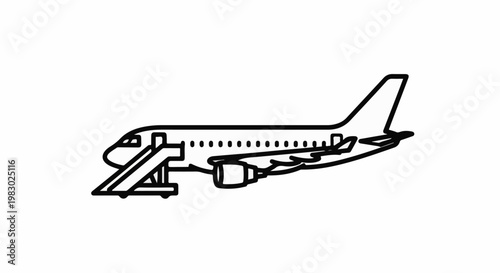 A line-art drawing of a commercial airplane with a boarding ramp attached