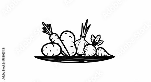 Black and white outline illustration of a variety of root vegetables on a platter