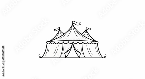 A line-art illustration of a striped big top circus tent with flags