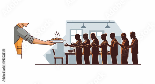 A person in an apron serves food to a line of people