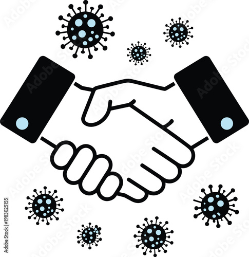 Handshake with virus particles, infection risk illustration, hygiene awareness concept, pandemic prevention design, social contact danger, health safety, disease transmission