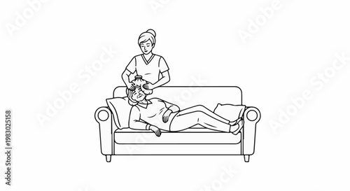 Person applying compress to another person lying on a couch