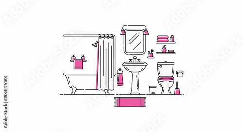 A minimalist line art illustration of a modern bathroom with pink accents