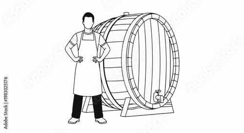 A person in an apron stands beside a large wooden barrel with a tap