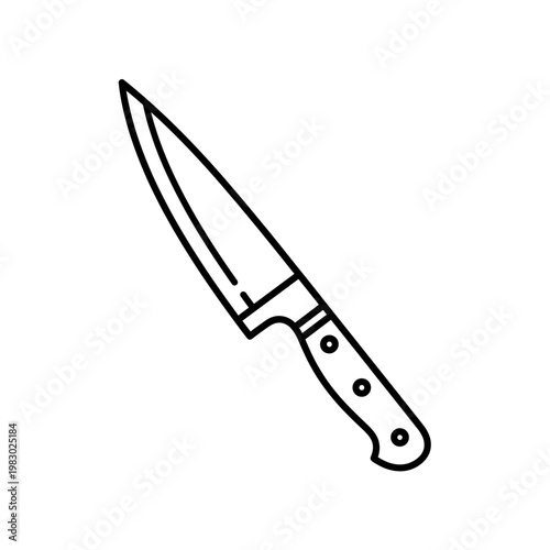A simple black and white line drawing of a chef's knife with a pointed blade and a handle with three rivets.