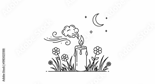 A lit candle flickers amidst flowers and wind under a starry moonlit sky