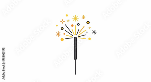 A minimalist graphic of a sparkler with golden and black bursts of light