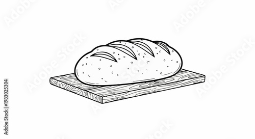 A loaf of bread with score marks rests on a wooden board