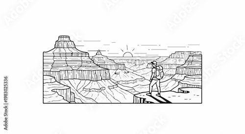 A lone backpacker gazes at a vast canyon at sunrise