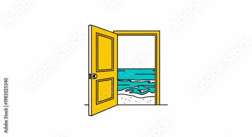Open yellow door reveals a tropical beach and ocean view