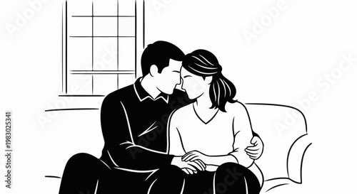 A loving couple intimately embracing on a couch by a window