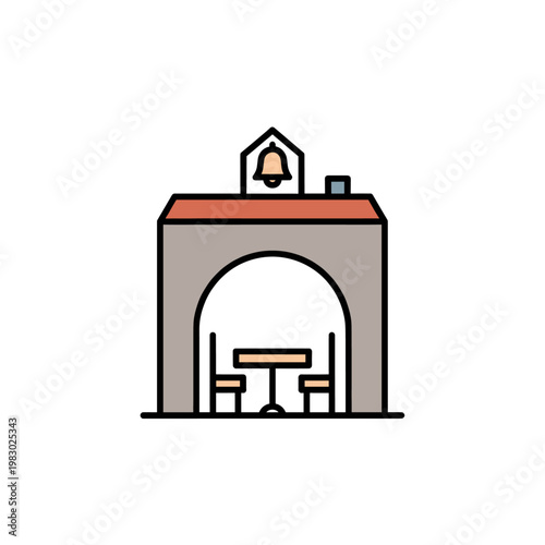 Minimalist line art icon of an outdoor cafe or patio with a bell tower and seating.