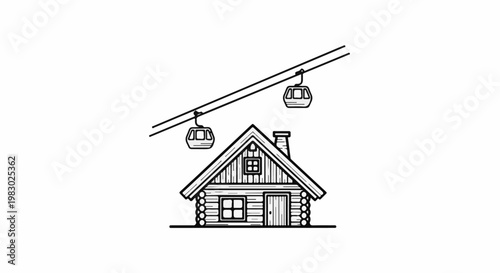 A log cabin with a chimney sits below two gondolas on ski lift cables