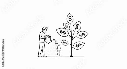 Person waters a money tree bearing dollar-sign leaves