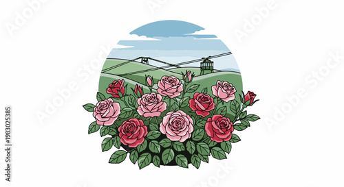 A lush rose bush blooms with red and pink flowers before a hilly landscape with a cable car