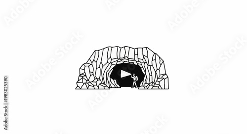 Person with flashlight explores dark cave opening with rocky entrance