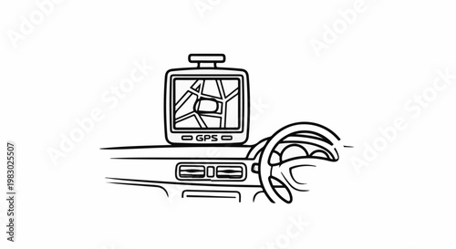 Stylized depiction of a car's dashboard with a GPS