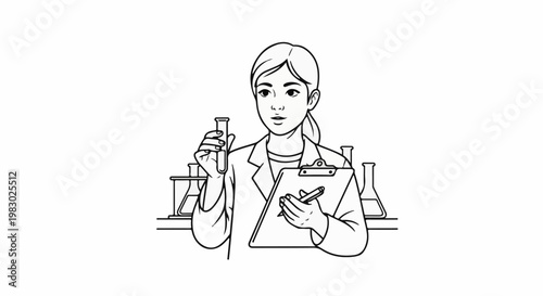 Scientist in lab coat holding test tube with notepad and pen, beakers in background