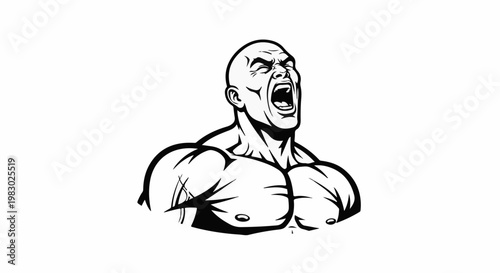 Muscular bald man shouting with chest out