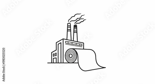 Black and white line drawing of a factory with smoking chimneys and a roll of material
