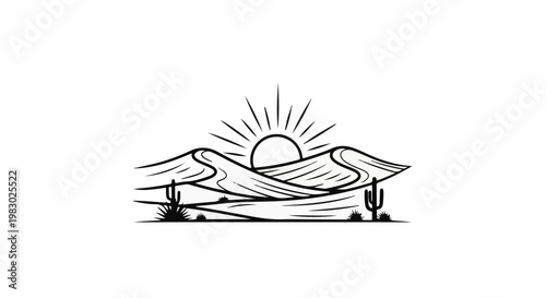 Stylized desert landscape with sand dunes and sun peaking over horizon