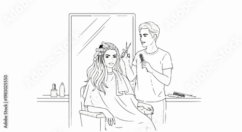 A man cuts a woman's long wavy hair in a salon, with curlers in her hair