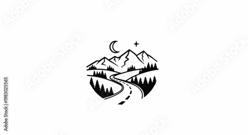 A winding road through a mountainous landscape under a night sky