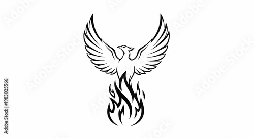 Mythical bird with outstretched wings rising from stylized flames