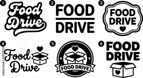 Black and white food drive lettering and box icons with hearts vector art