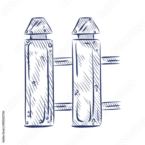 Wooden fence section drawing. Hand drawn illustration of cottage picket boundary. Nautical beach theme decor element and coastal style garden architecture for outdoor design project.