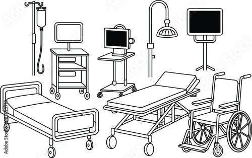 Hospital equipment, medical icons, healthcare symbols, vector illustrations