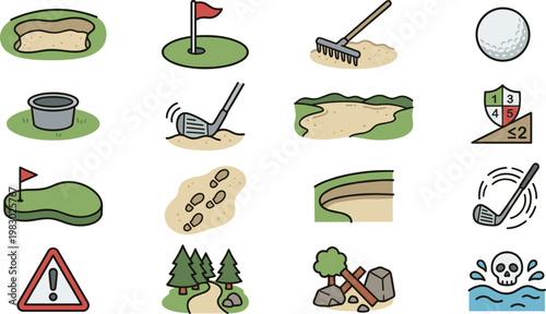 Flat design icons of golf course hazards and equipment vector illustration