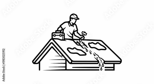 A worker repairs a leaking roof, with water dripping down