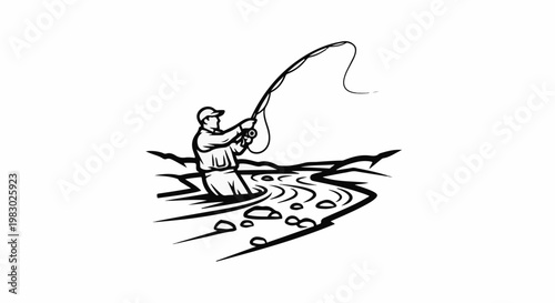 Person fly fishing in a rocky stream with a bent rod