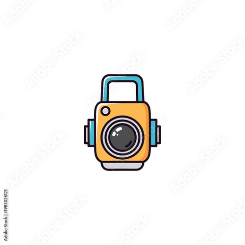 A stylized, cartoonish illustration of a vintage camera with a yellow body and a black lens.