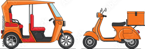 Electric Rickshaw and Delivery Scooter Illustration with Urban Transport Vehicles for Public Mobility, Eco Friendly Travel, and Last Mile Delivery Service Concepts