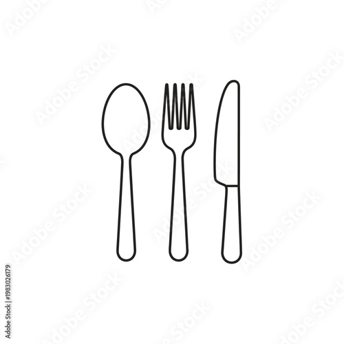 A simple line drawing of a spoon, fork, and knife arranged side-by-side on a white background.