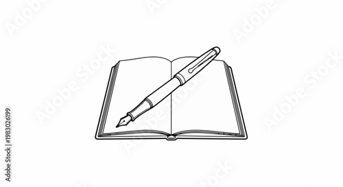 A vintage fountain pen rests diagonally across an open, blank book