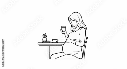 Pregnant woman enjoying a beverage and a plant at a table