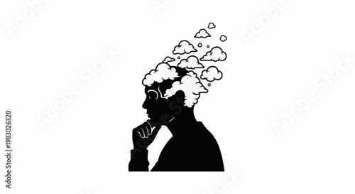 Silhouette of a person in profile with clouds emerging from their head