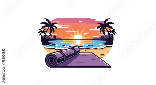 A rolled purple mat lies on a beach with palm trees and sunset over ocean waves
