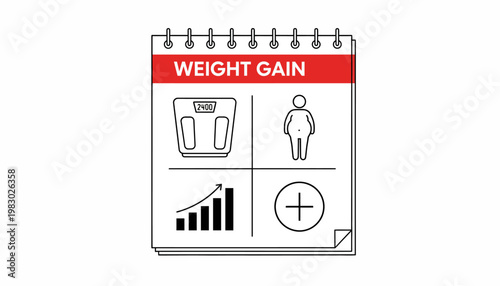 A graphic illustration of a notebook page showing weight gain with a scale, human figure, graph, and plus sign.