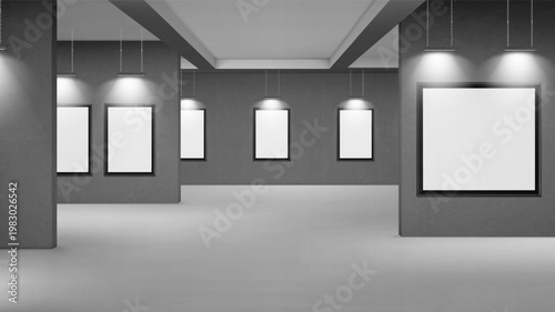 Empty gallery with blank picture frames
