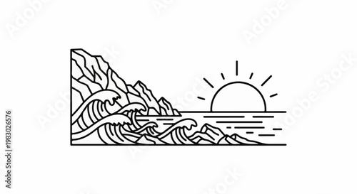 Stylized coastline with crashing waves and a setting sun